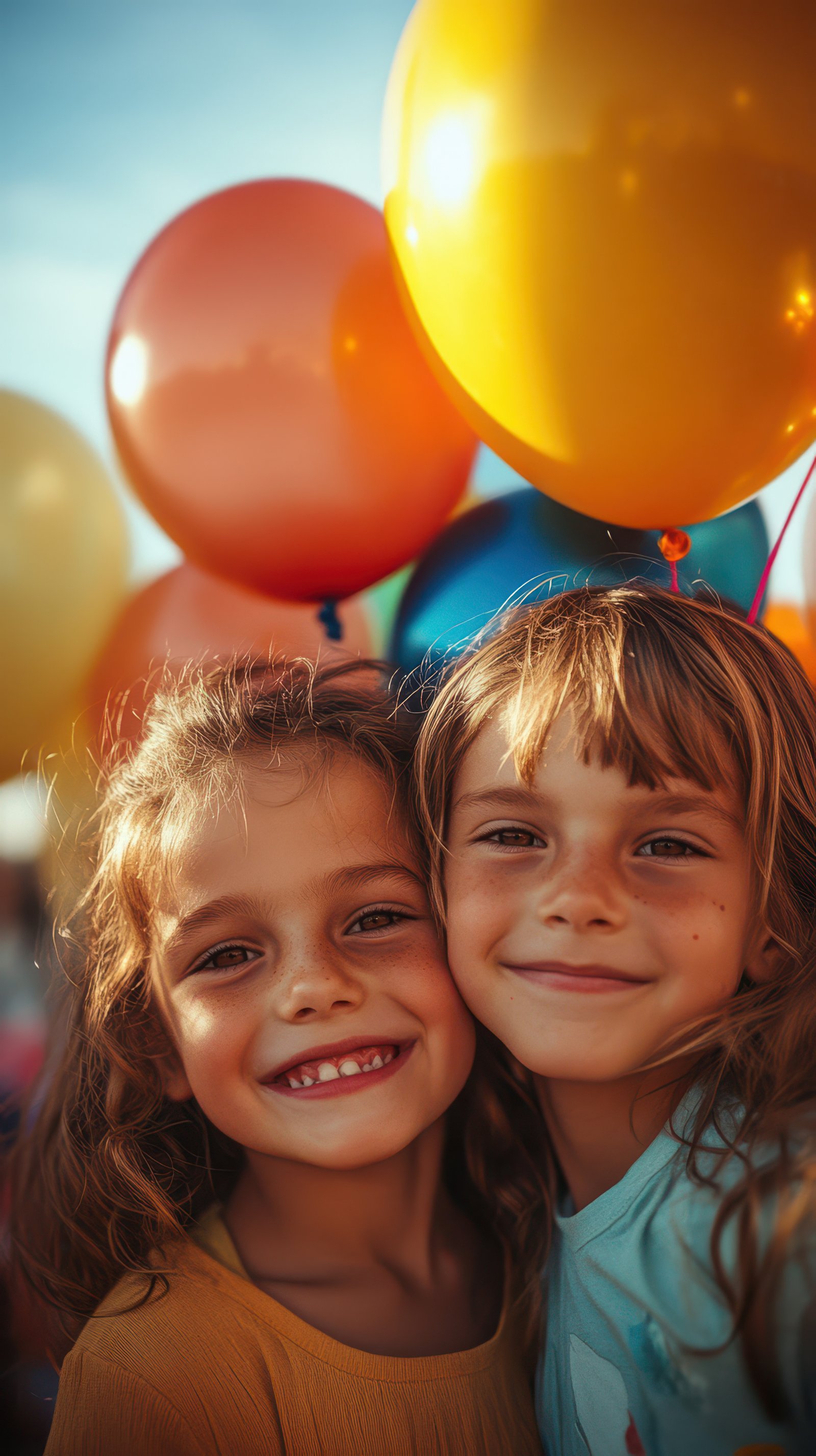 Two joyful children embrace while holding colorful balloons at a festive outdoor celebration during golden hour